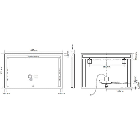 Bemeta Oglinda cu iluminare LED in partea de dus si lateral si touch sensor, 100xH60 cm