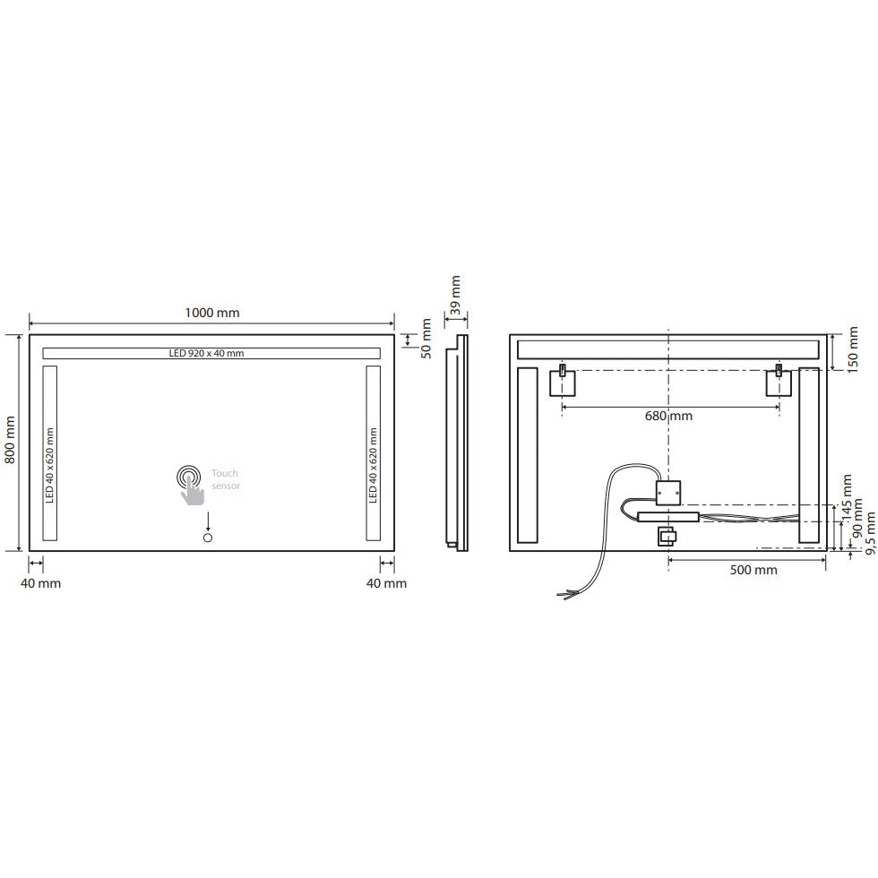 Bemeta Oglinda cu iluminare LED in partea de dus si lateral si touch sensor, 100xH80 cm