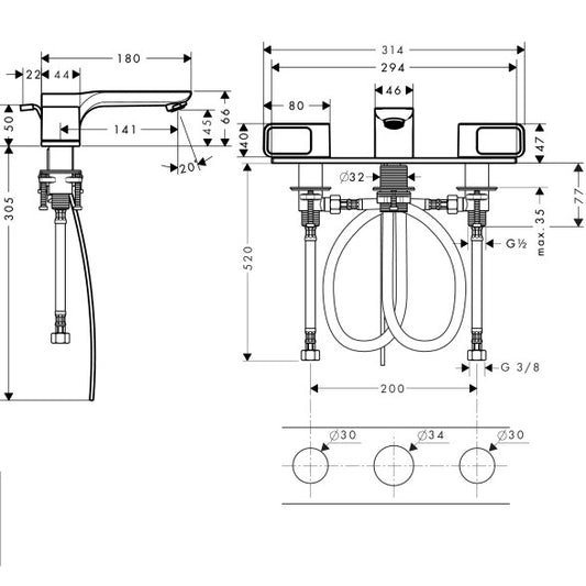 Baterie lavoar Hansgrohe Axor Urquiola 50, dubla comanda, cu suport si ventil pop-up