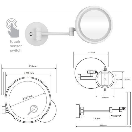 Bemeta White Oglinda cosmetica cu LED si touch sensor, Ø20 cm, alb