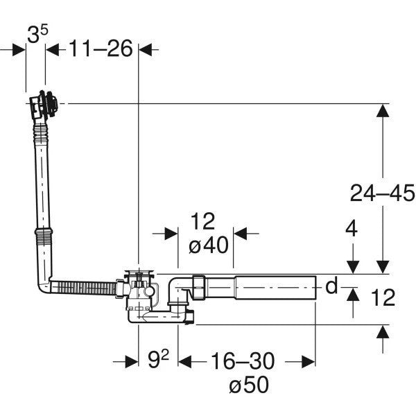 Geberit Set Sifon cu preaplin pentru cada cu actionare prin rotire L26 cm, crom