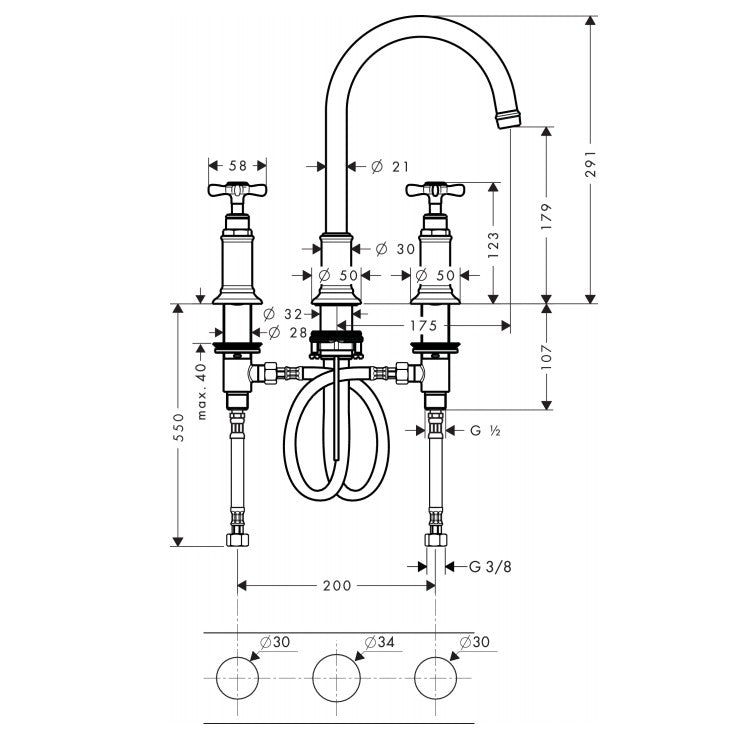 Baterie lavoar Hansgrohe Axor Montreux 180, dubla comanda, cu ventil pop-up
