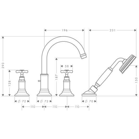 Hansgrohe Axor Montreux Baterie cada dus dubla comanda cu 4 iesiri, montaj pe cada