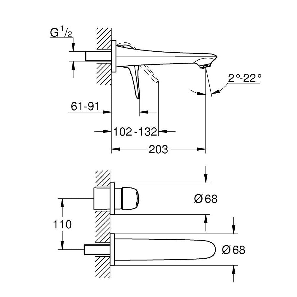 Baterie lavoar incastrata Grohe Eurostyle, maner decupat