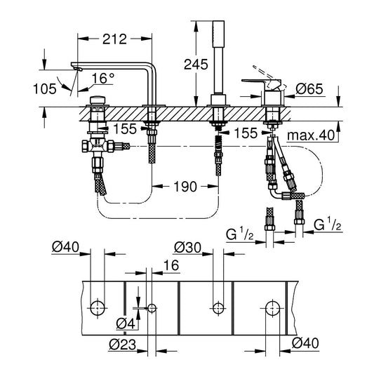 Grohe Lineare Baterie cada dus monocomanda si set dus, 4 orificii, crom