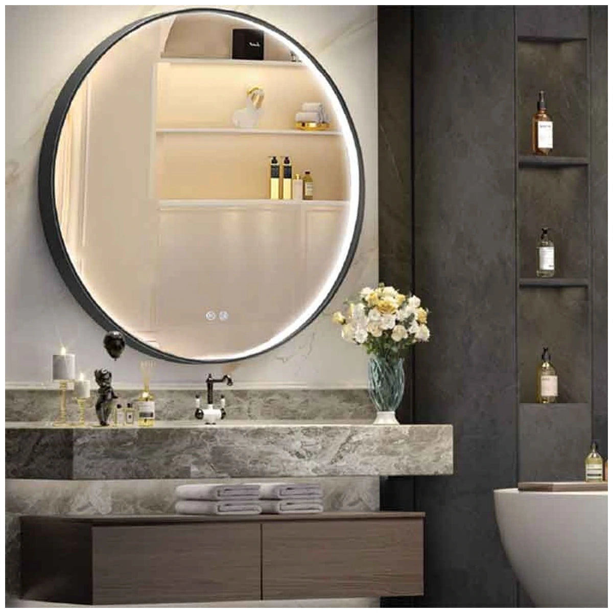 Fluminia Uccello Oglinda cu iluminare LED si dezaburire Ø90 cm, rama neagra