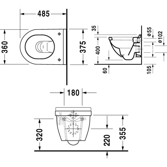 Vas WC suspendat Duravit Starck 3 36x48 cm evacuare orizontala, compact, cu fixare ascunsa