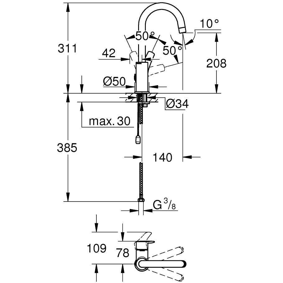 Baterie lavoar Grohe Eurosmart fara ventil, marime L, crom