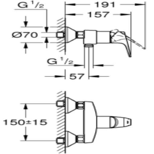 Grohe Bauflow Baterie dus monocomanda, montaj pe perete