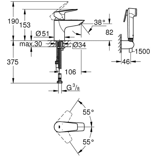 Baterie lavoar cu dus igienic Grohe BauEdge, marime S crom