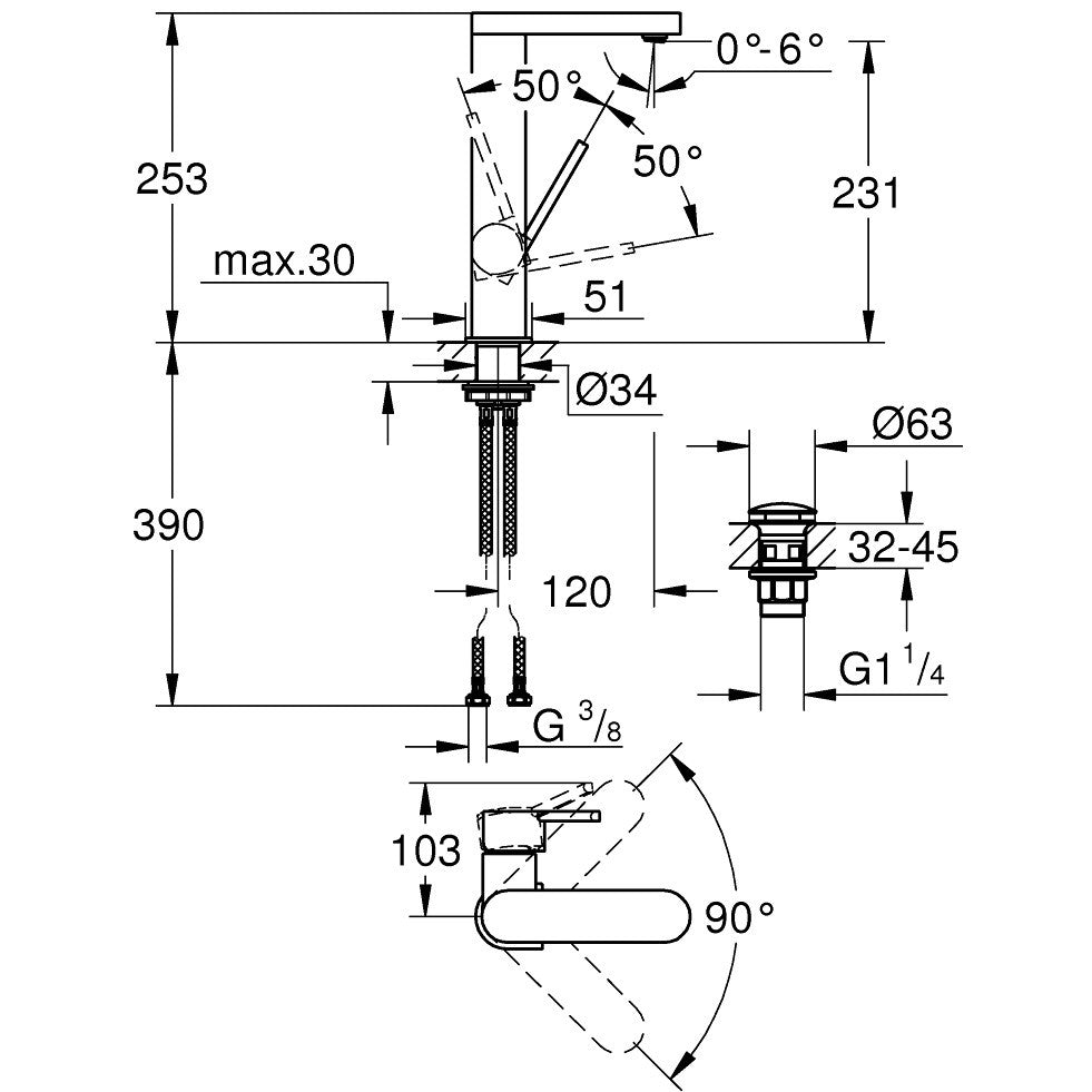 Baterie lavoar pe blat Grohe Plus, pipa pivotanta marime L, ventil click-clack