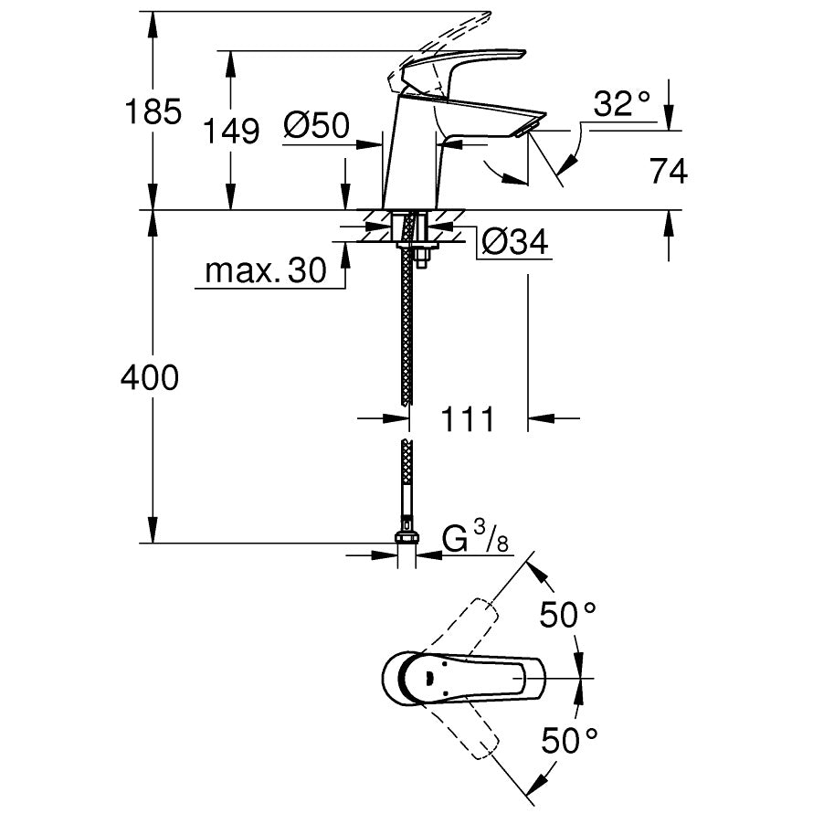 Baterie lavoar Grohe Eurosmart, H15 cm fara ventil, marime S