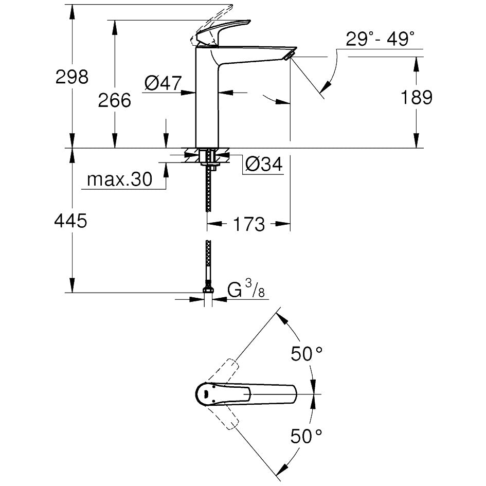 Baterie lavoar pe blat Grohe Eurosmart, fara ventil, marime XL