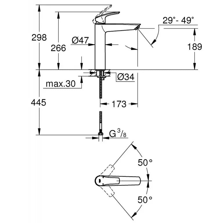 Baterie lavoar pe blat Grohe Eurosmart fara ventil, marime XL, negru mat