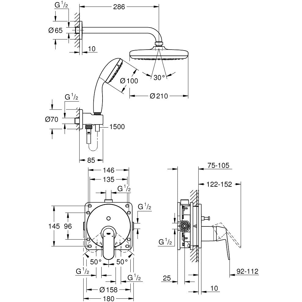 Set promo Sistem dus incastrat fara termostat Grohe Eurosmart Cosmopolitan Tempesta 210