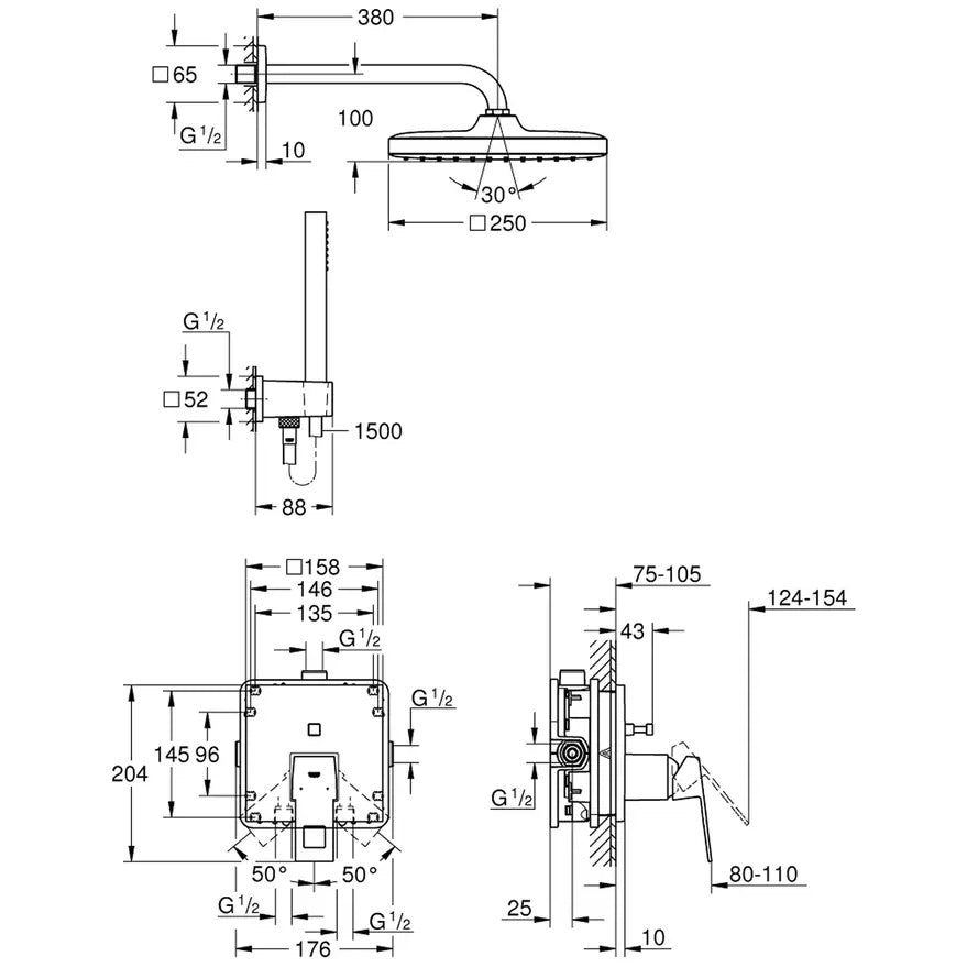 Sistem dus incastrat fara termostat Grohe Eurocube Tempesta 250