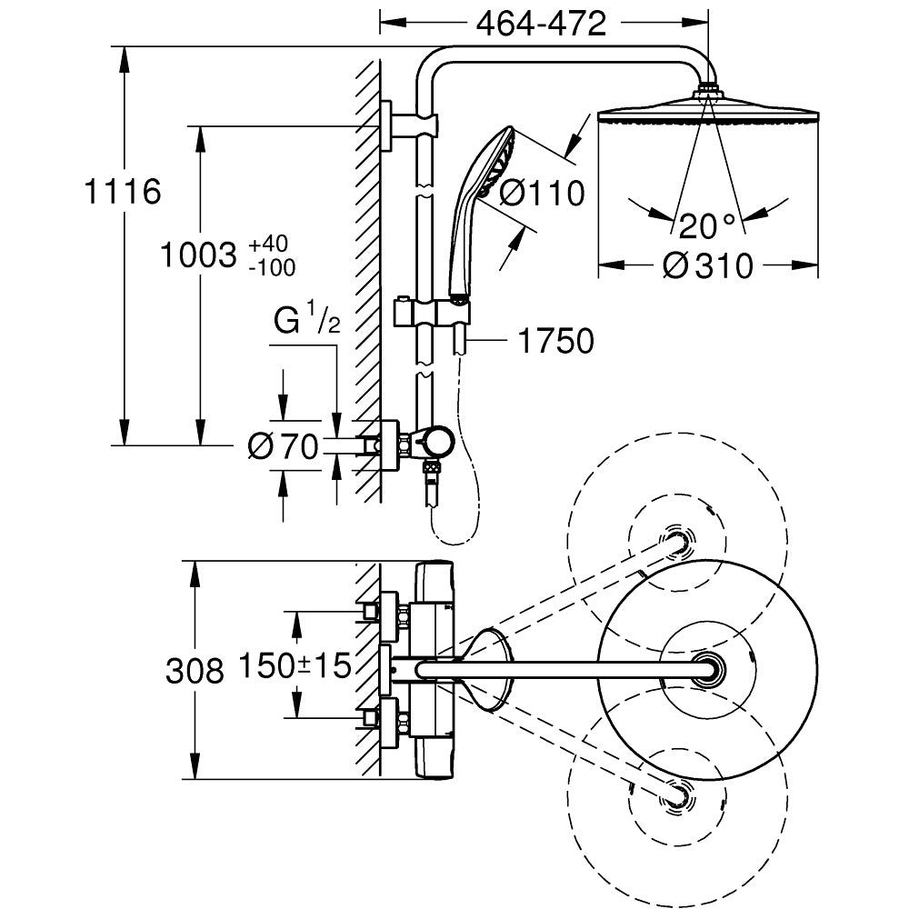 Coloana dus cu baterie si termostat Grohe Euphoria System 310