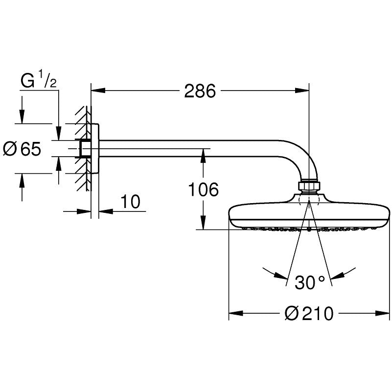Palarie dus fix Grohe Tempesta 210, cu brat Ø21 cm, montaj pe perete