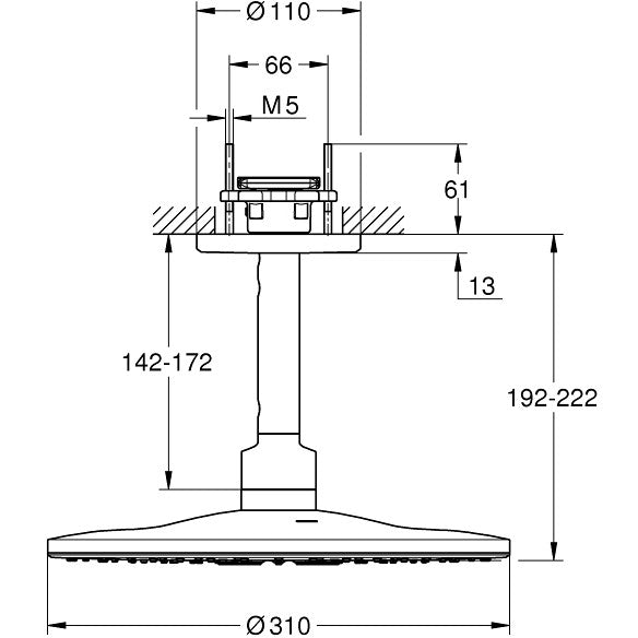 Palarie dus fix Grohe Rainshower 310 SmartActive, Ø31 cm cu brat, montaj pe tavan, crom