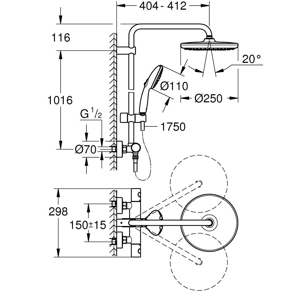 Coloana dus cu baterie si termostat Grohe Tempesta System 250