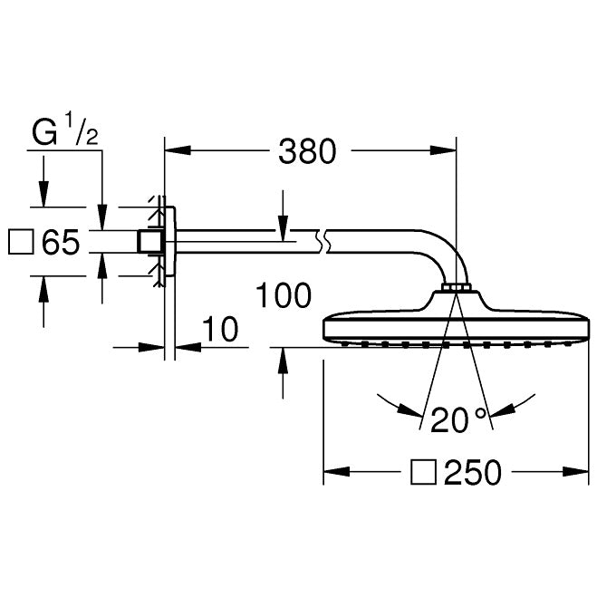 Palarie dus fix Grohe Tempesta 250 Cube, 25x25 cm cu brat, montaj pe perete