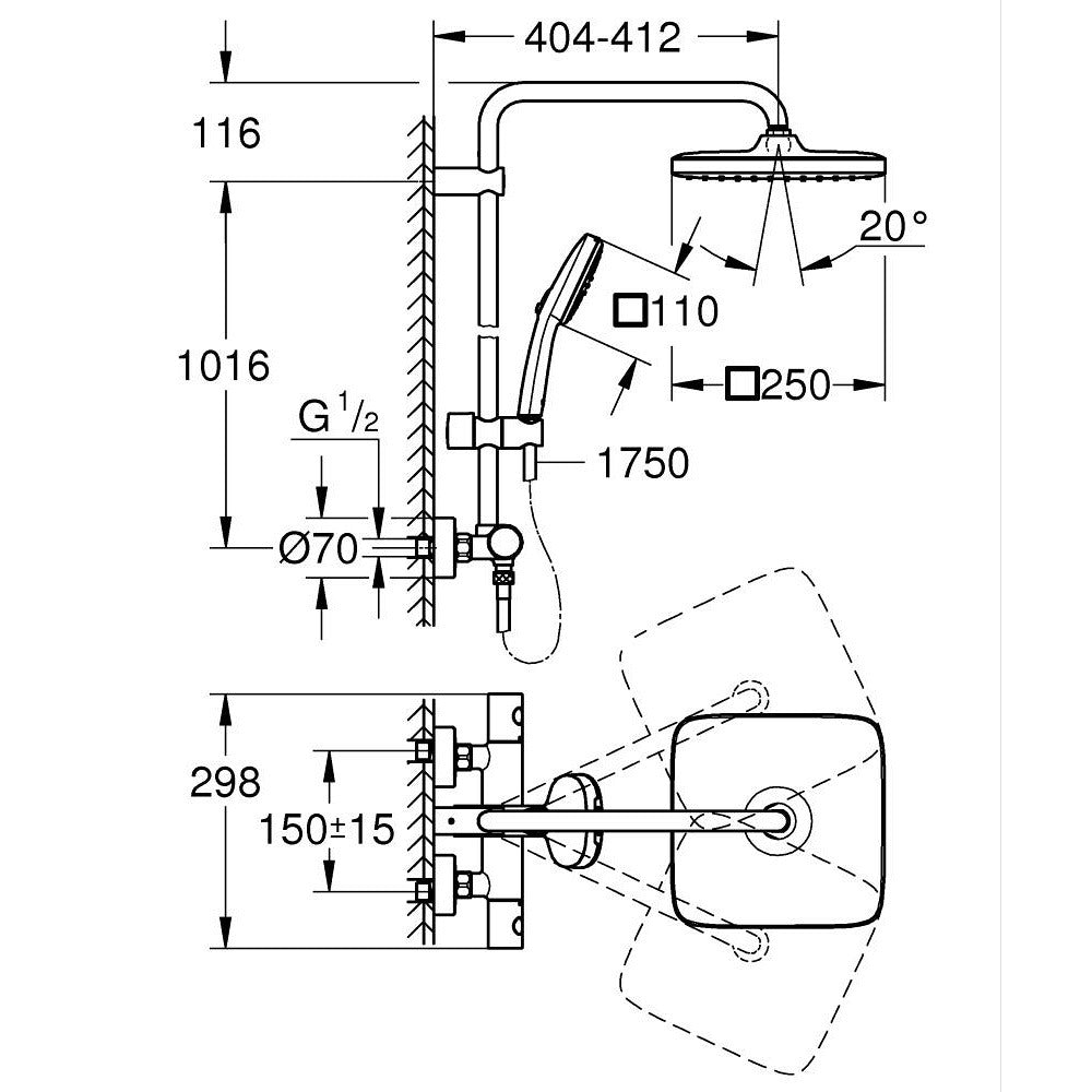 Coloana dus cu baterie si termostat Grohe Tempesta System 250 Cube