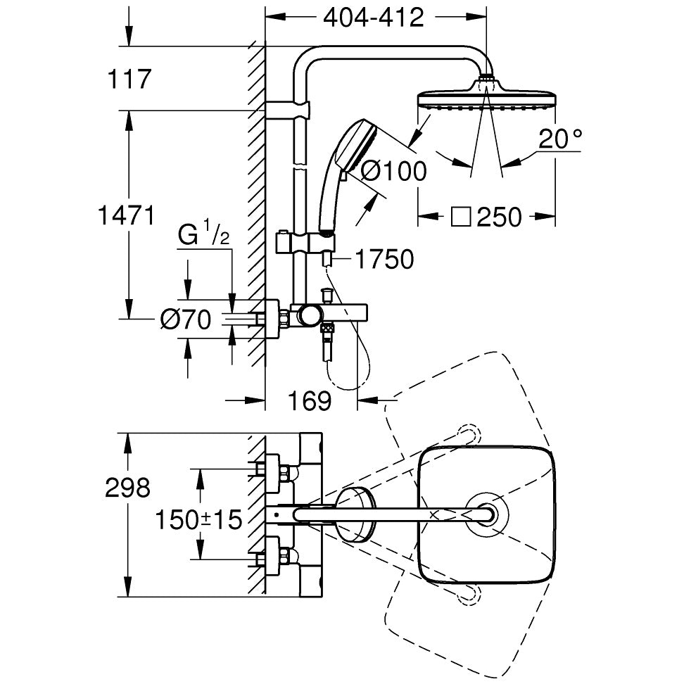 Coloana dus cu baterie si termostat Grohe Tempesta Cosmopolitan System 250 Cube cu pipa cada