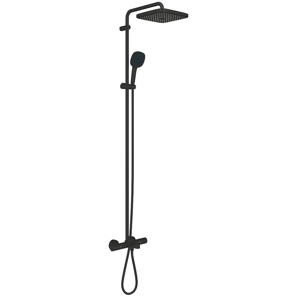 Coloana dus cu baterie si termostat Grohe Tempesta System 250 Cube cu pipa cada, negru mat (phantom black)