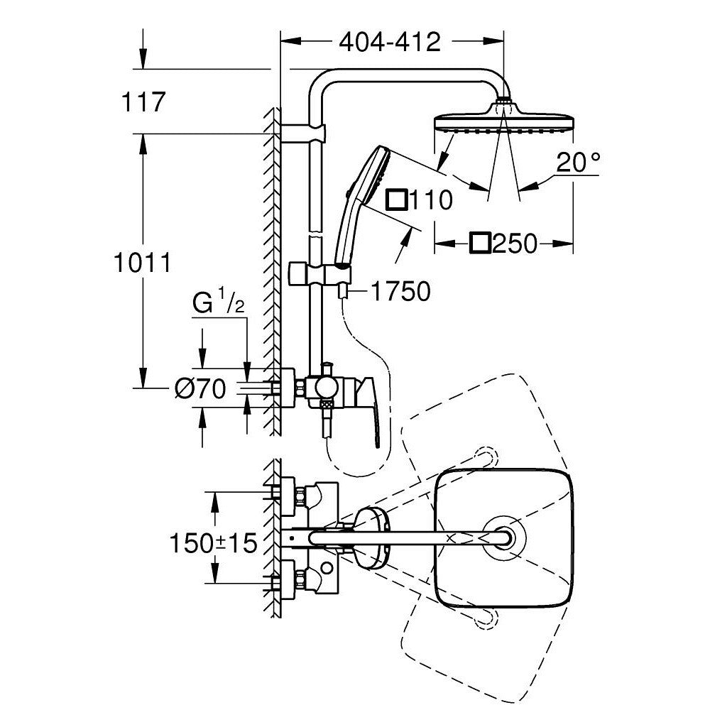 Coloana dus cu baterie fara termostat Grohe Tempesta System 250 Cube, crom