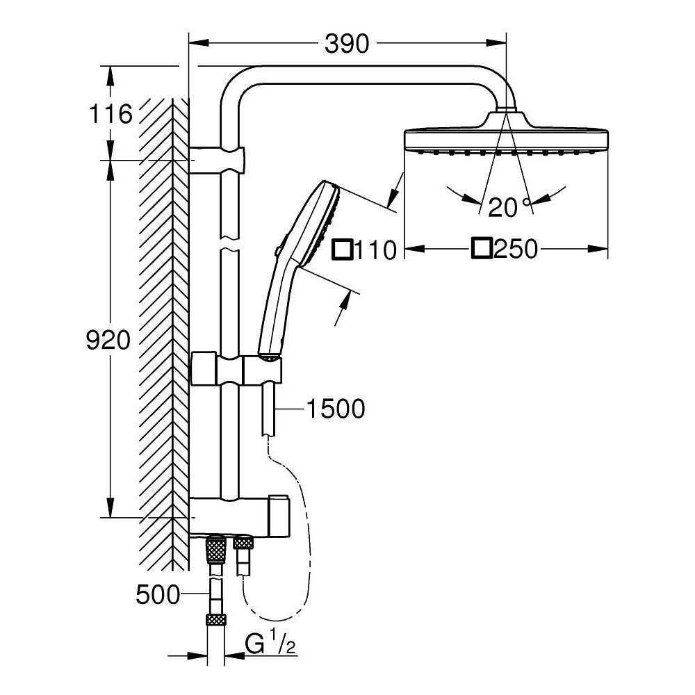 Coloana dus fara baterie Grohe Tempesta System 250 Cube, bara H92 cm, crom