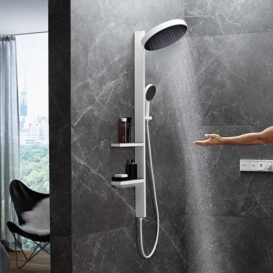 Coloana dus fara baterie Hansgrohe Rainfinity, cu 2 polite, alb mat