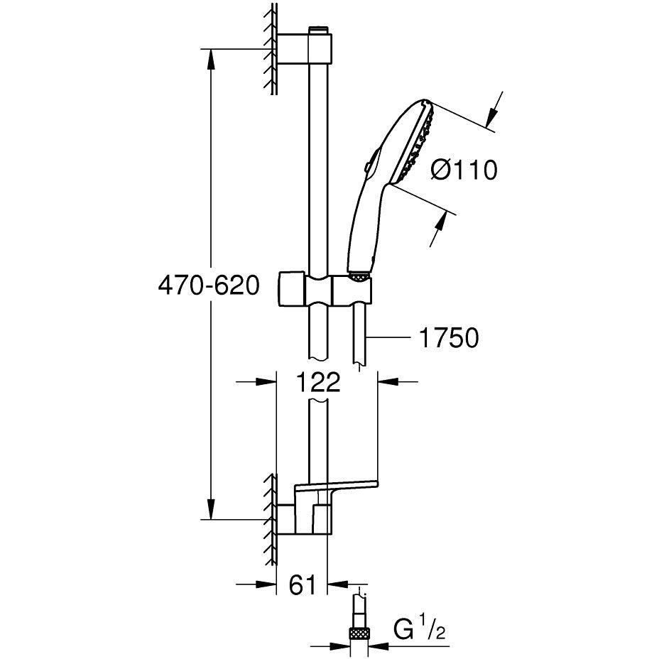 Grohe Tempesta Cube 110 Set dus cu bara 60 cm cu furtun metalic si savoniera, 2 jeturi