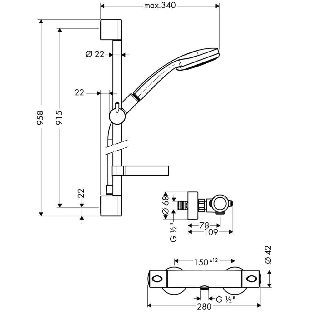 Hansgrohe Croma 100 Multi/Ecostat 1001 SL Combi Baterie dus cu bara 90 cm