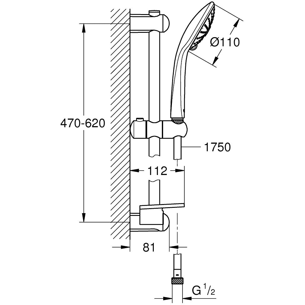 Grohe Euphoria 110 Massage Set dus cu bara 60 cm, limitator, crom