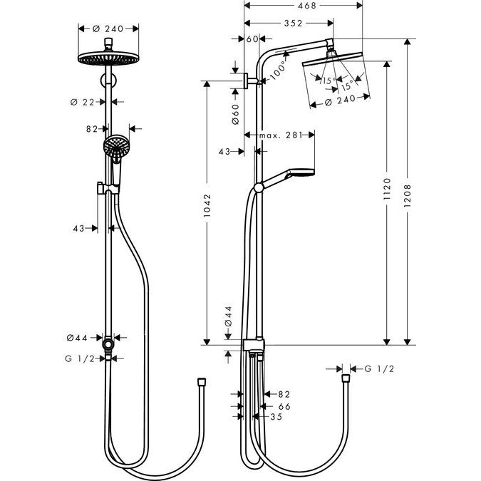 Coloana dus fara baterie Hansgrohe Crometta S EcoSmart, bara 105 cm
