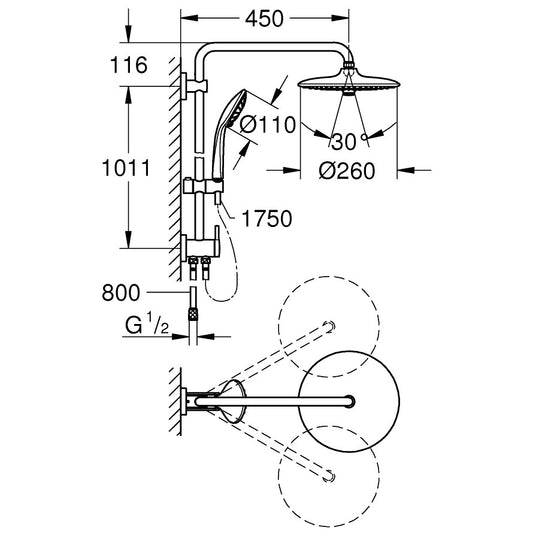 Coloana dus fara baterie Grohe Euphoria 260, cu limitator de debit