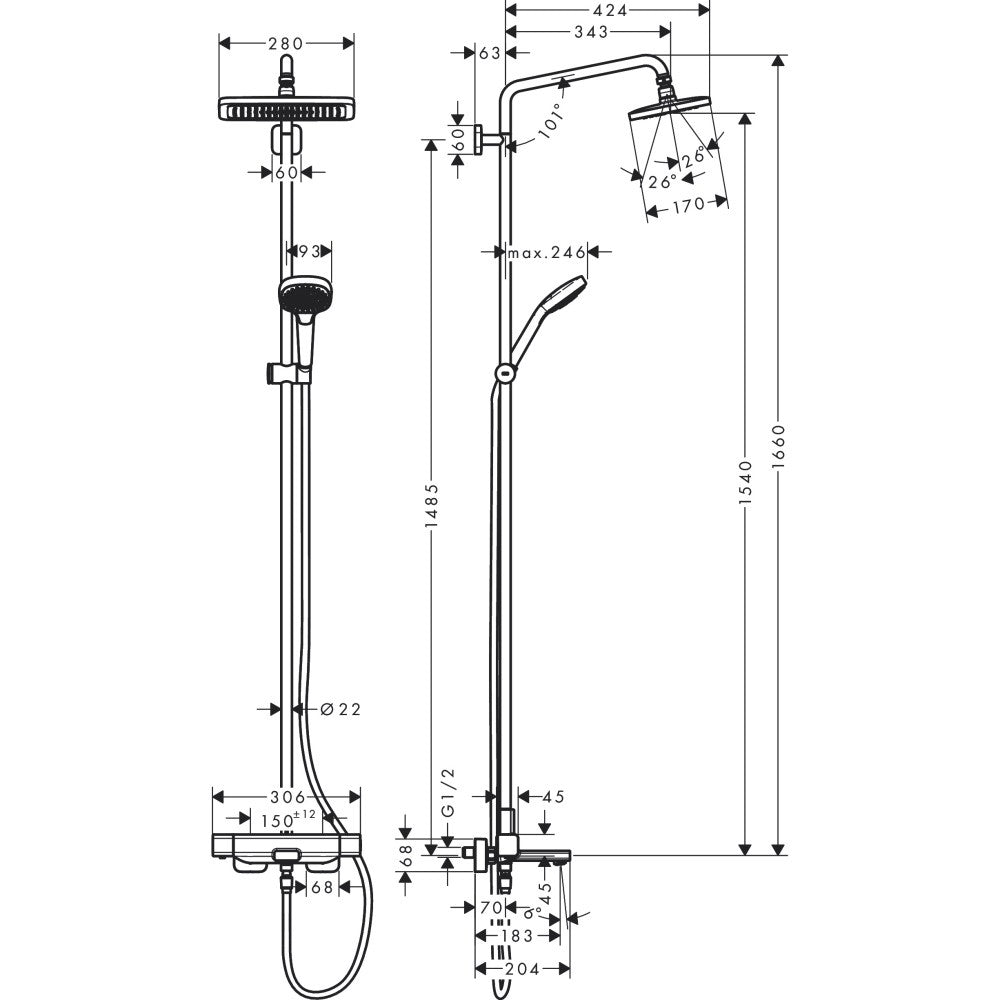 Coloana dus cu baterie si termostat Hansgrohe Croma E280, cu pipa cada, Cool Contact