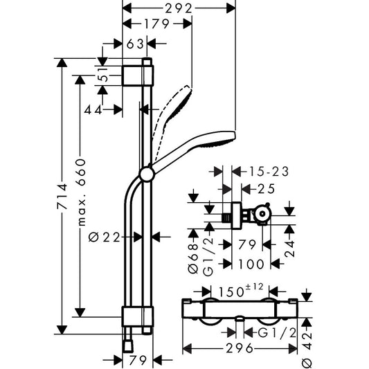 Hansgrohe Croma Select S Baterie dus cu termostat si bara 72 cm, crom