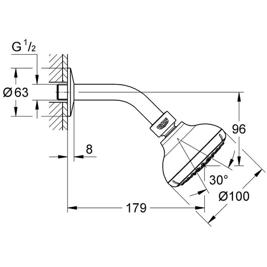 Palarie dus fix Grohe New Tempesta 100, Ø10 cm cu brat, 4 jeturi