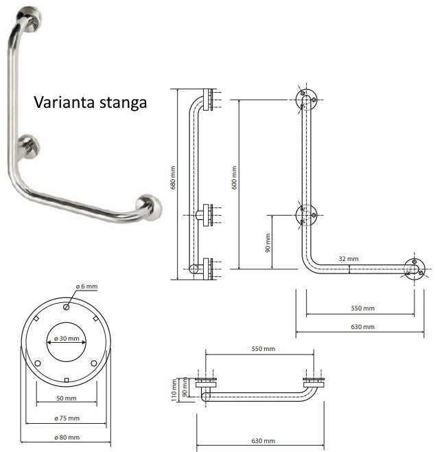 Bemeta Help Bara de sprijin 63 cm, H68 cm, inox mat