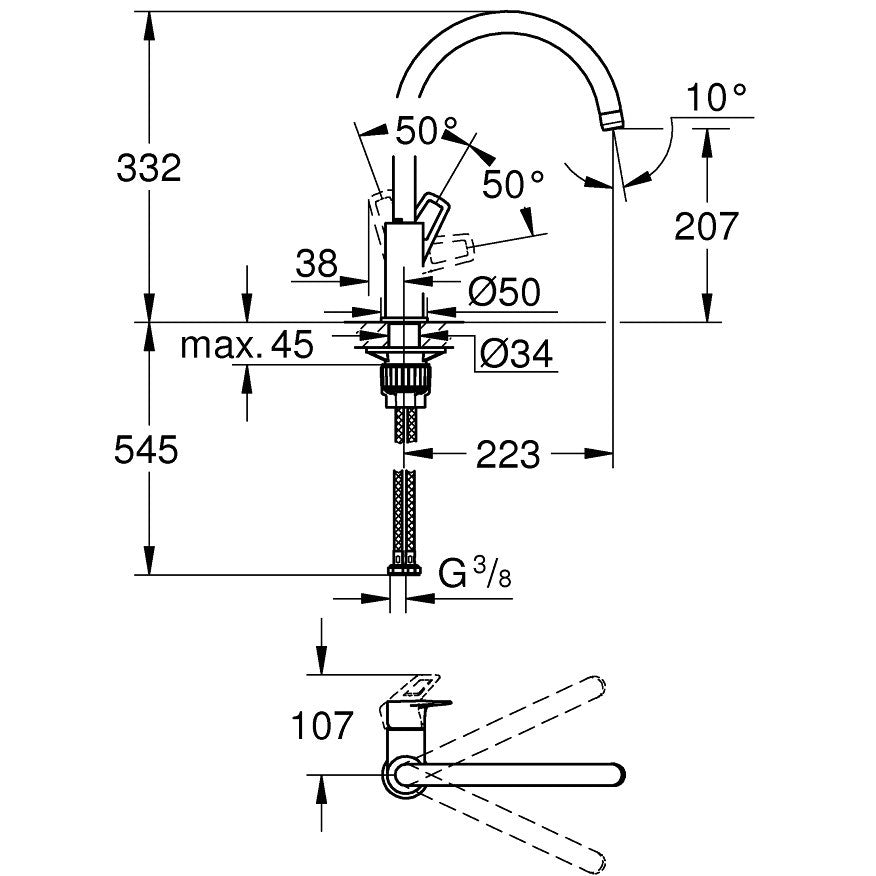 Grohe BauLoop Zero Baterie chiuveta bucatarie monocomanda H33 cm