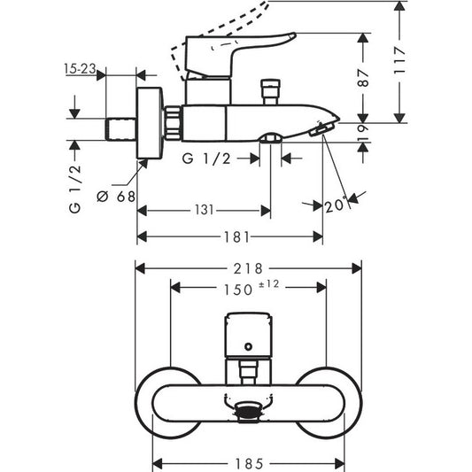 Hansgrohe Metris Baterie cada dus monocomanda