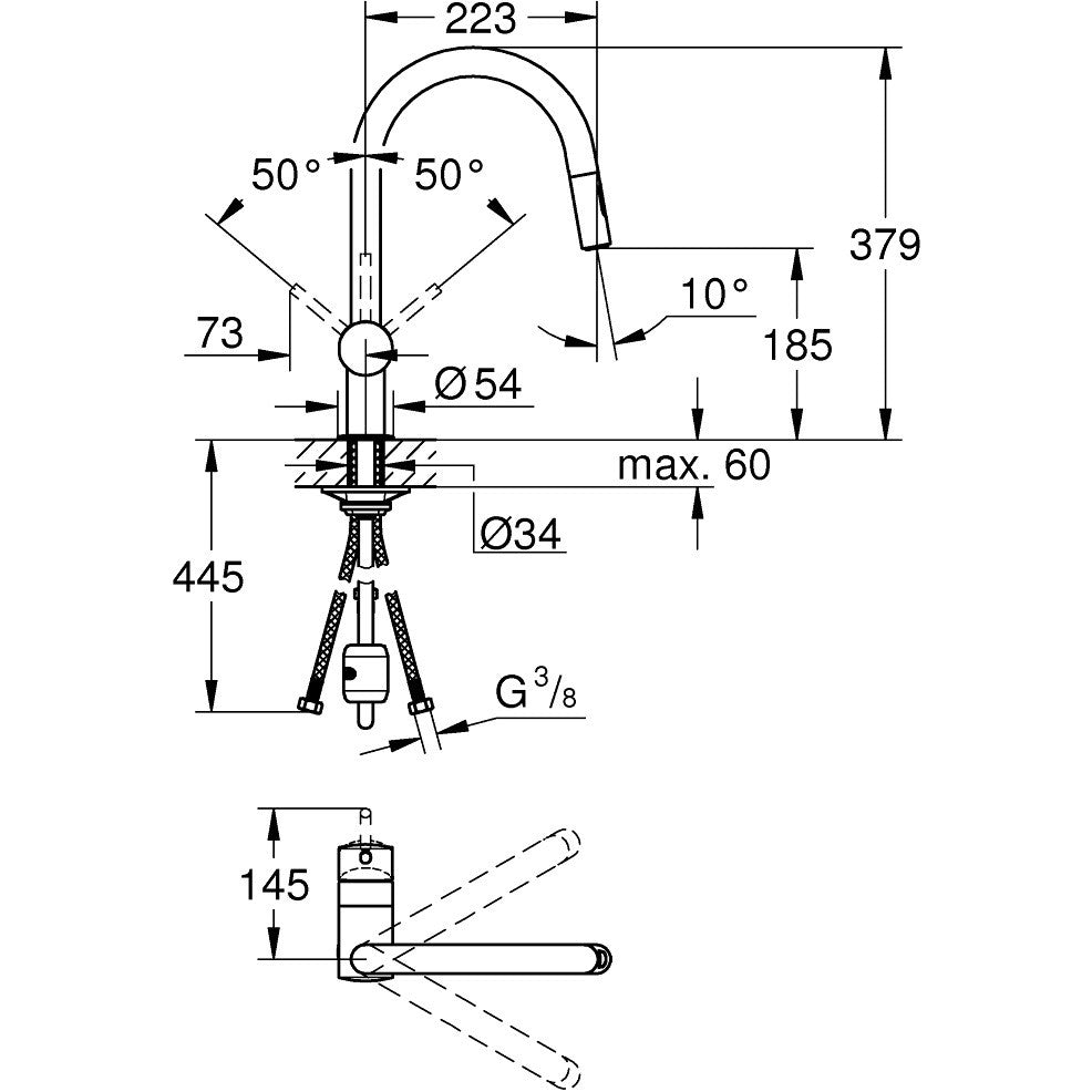 Grohe Minta Baterie chiuveta bucatarie monocomanda cu dus extractibil cu 2 jeturi, pipa C, crom