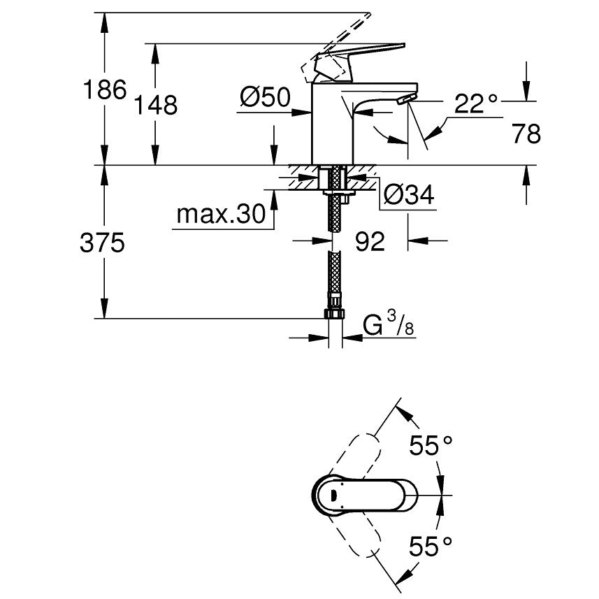 Baterie lavoar Grohe Eurosmart Cosmopolitan, fara ventil, marimea S