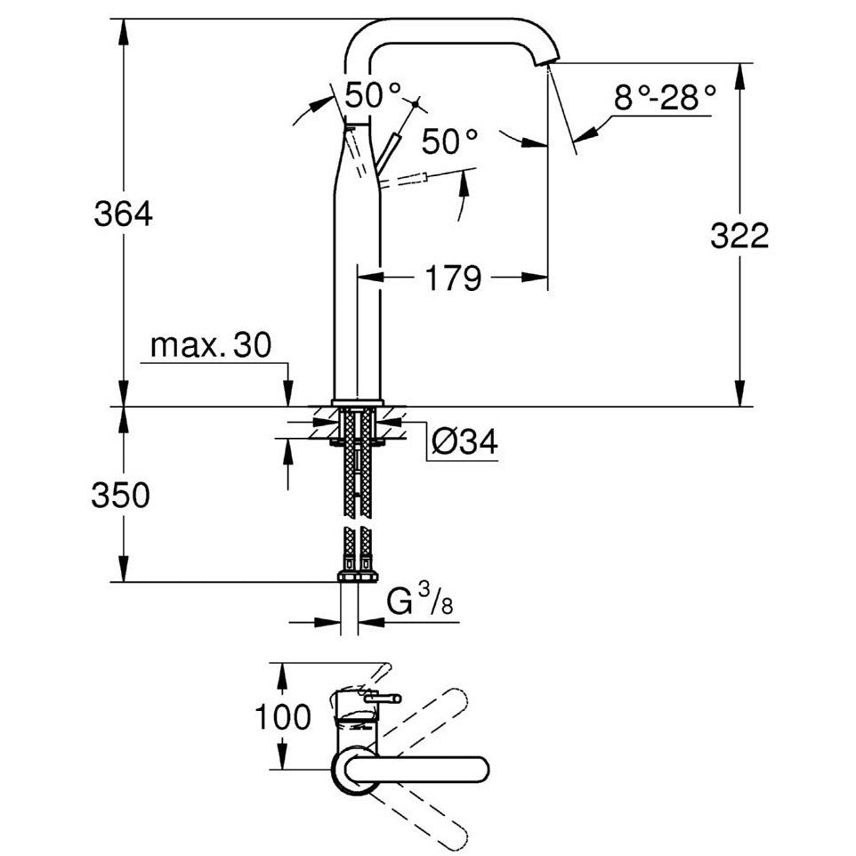 Baterie lavoar pe blat Grohe Essence, marime XL fara ventil