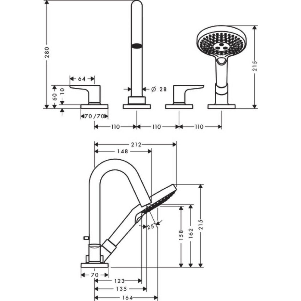 Hansgrohe Axor Citterio M Baterie cada dus cu 4 iesiri, montaj pe cada