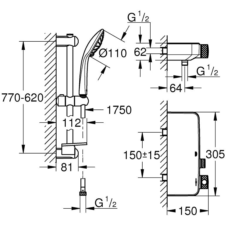 Grohe Grohtherm SmartControl Baterie dus cu termostat si set de dus, bara de sustinere H90 cm