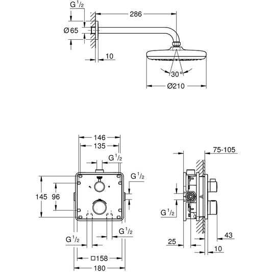 Sistem dus incastrat cu termostat Grohe Grohtherm Perfect Tempesta 210, fara para dus de mana, baterie patrata