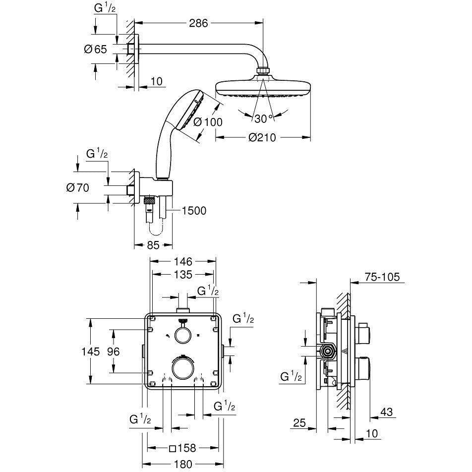 Sistem dus incastrat cu termostat Grohe Grohtherm Perfect Tempesta 210, baterie patrata