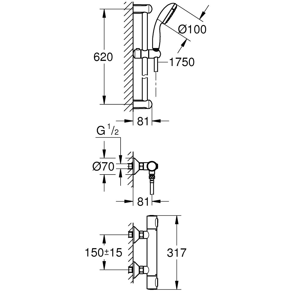 Grohe Grohtherm 500 Baterie dus cu termostat si set de dus cu bara 62 cm